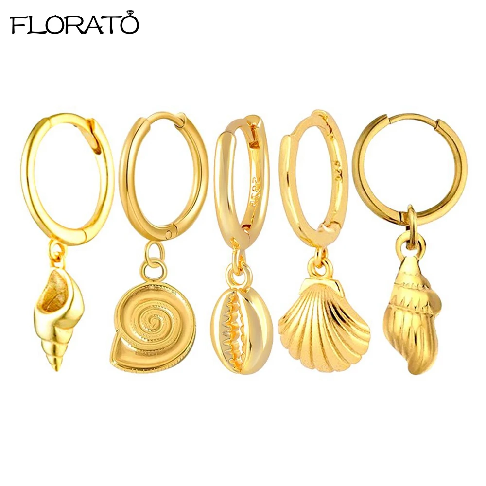 

925 Sterling Silver Needle Beach Shell Pendant Earrings 2025 Fashion 24K Gold Small Hoop Earrings for Women High Quality Jewelry