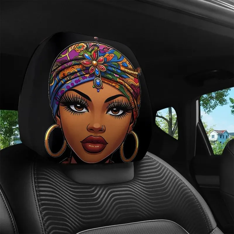 1/2Pcs Car Headrest Covers, Vibrant African American Woman With Turban And Hoop Earrings Print, POD - view 3