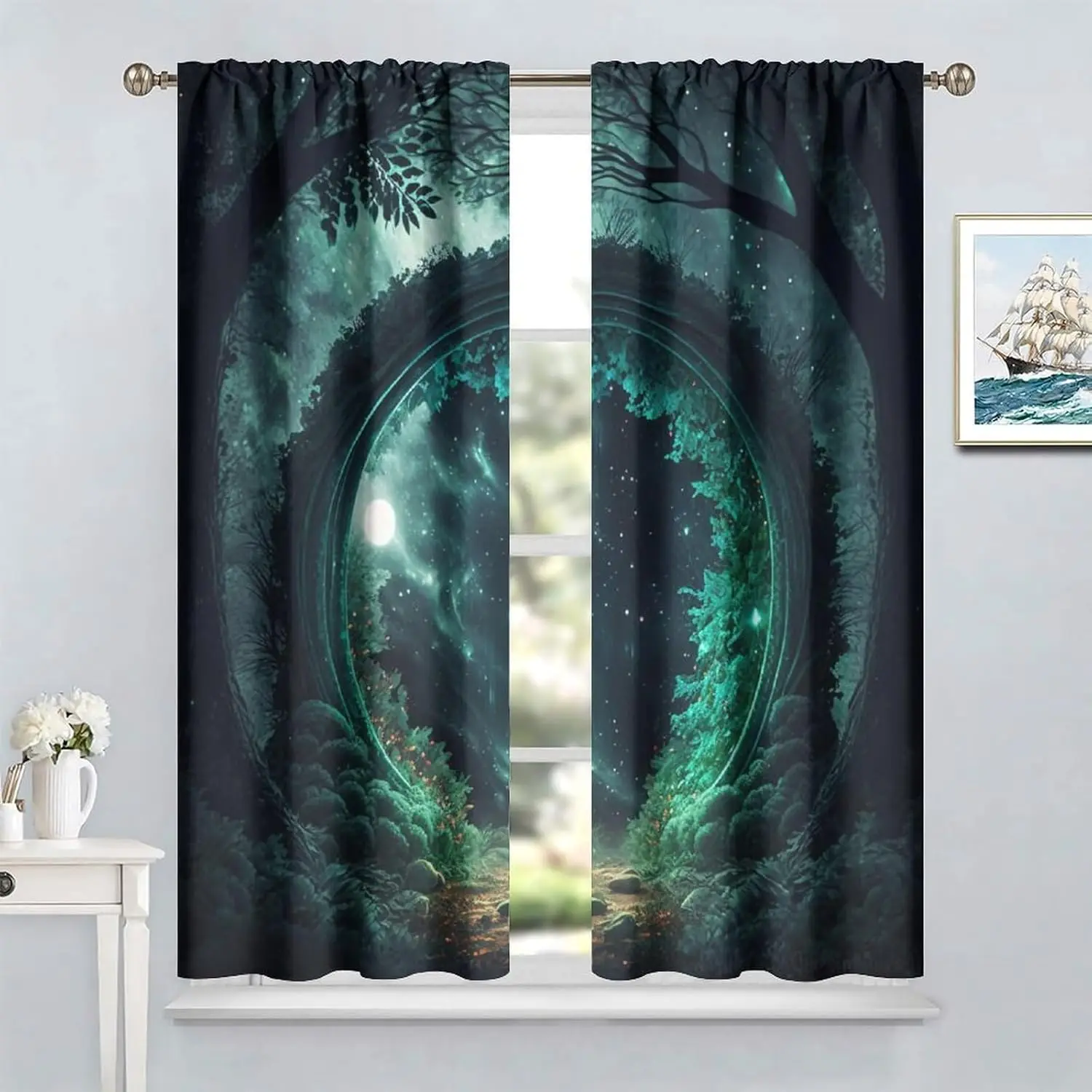 Magical Forest Curtains,Gothic Night Forest Portal Green Glow Dark Starry Sky 3D Nature Landscape Pattern Blackout Window Drapes