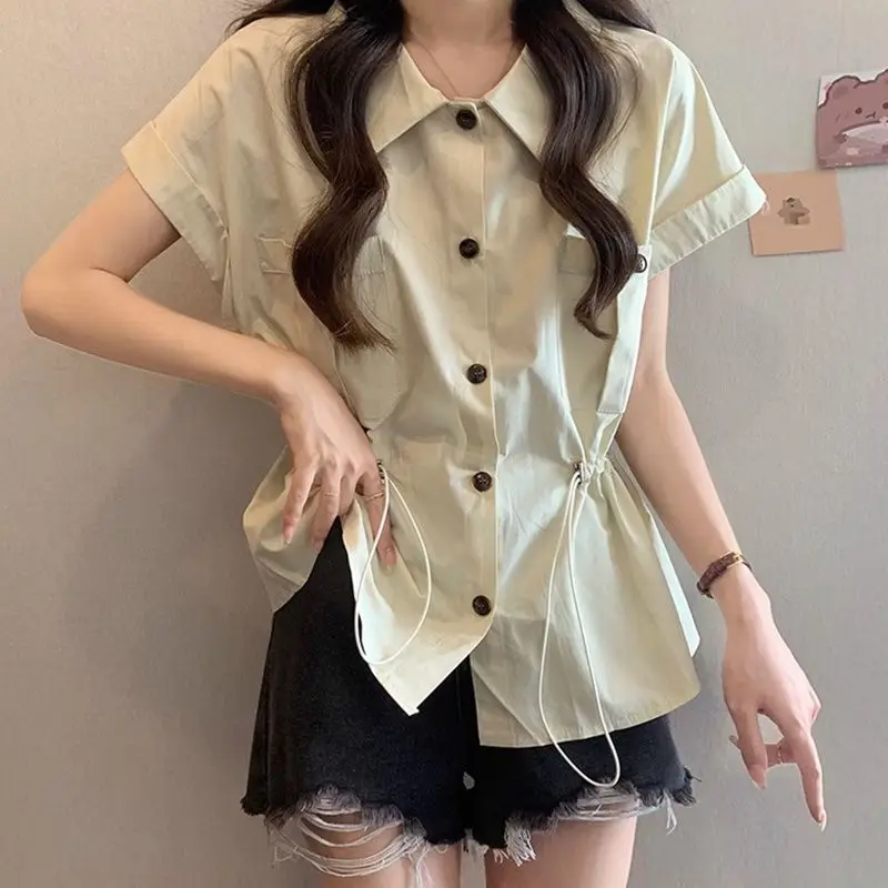 Fashion Safari Style 2024 Summer New Shirts Women\'s Solid Waist Retraction Drawstring Pockets Button Short Sleeve Casual Blouses