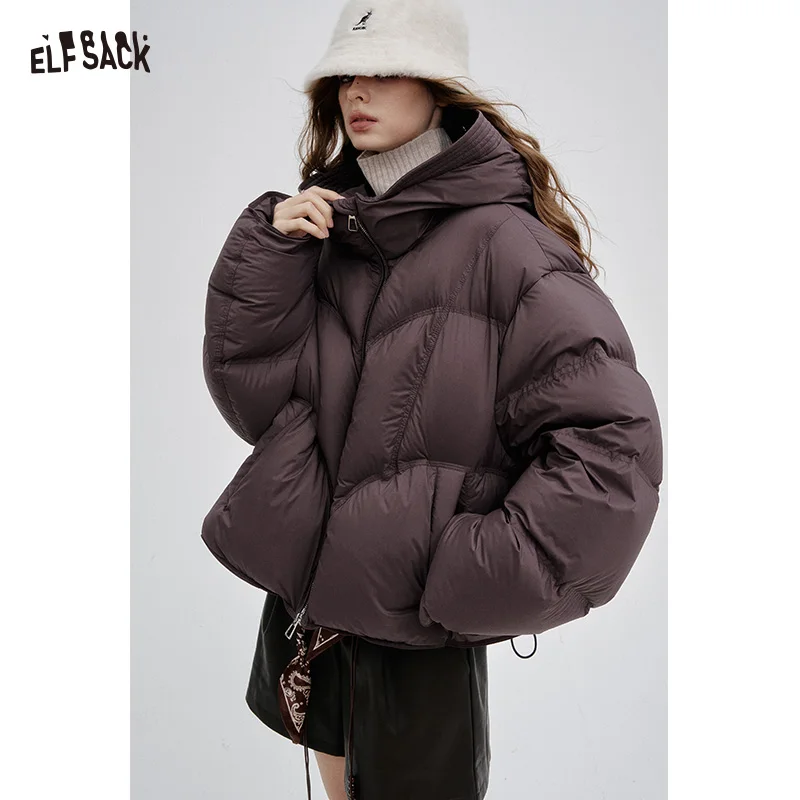 ELFSACK 2025 Winter New Arrivals Classic Soft Solid Color Hooded Short Down Jacket For Woman