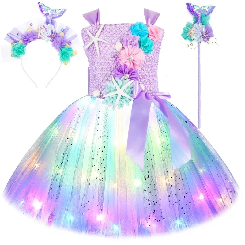 Little Girl Mermaid Princess Dress, Light-Up Ocean-Themed Fluffy Tutu for Birthday Parties, Kids Halloween Performance Clothes