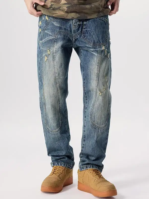 

Retro Waed Ripped Patchwork Men's Jeans Loose Straight Leg Trousers High Street Sle Faionable Casual Cotton Denim