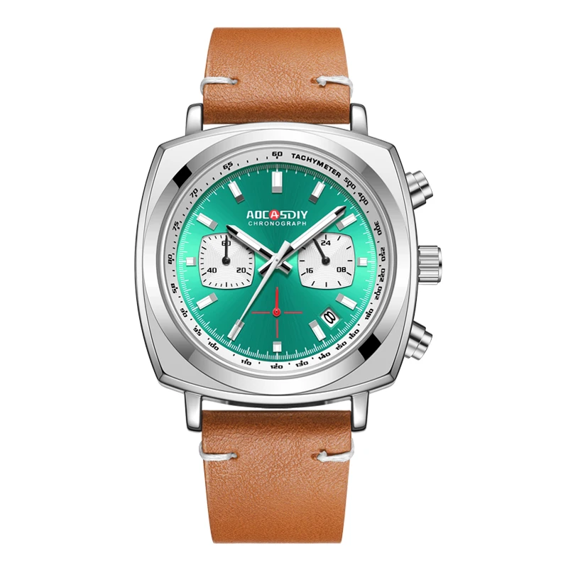 Aocasdiy-男性用の多機能スクエアウォッチ,3つの目,6つのピン,革,レジャー,新しいファッション