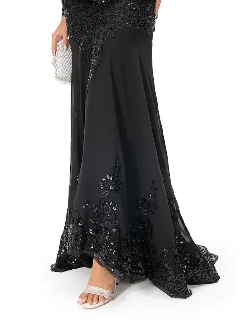 Charming Black Mermaid Sequin Lace Evening Dress Round Neck Long Sleeve with Appliques Satin Porm Dress vestidos de noche