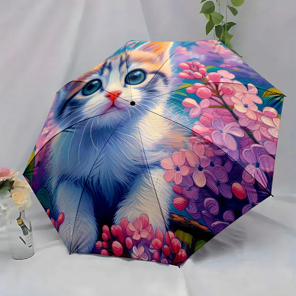 1PC Charming Cat Design Umbrella Surrounded by Blossoms Print 8 Iron Ribs Folding Umbrella Auto-Open Fashion Sunshade