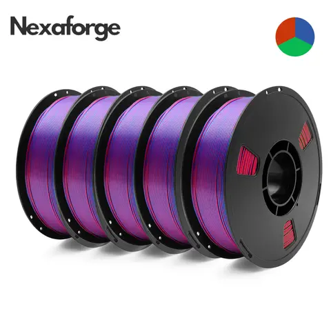 Nexaforge 5KG Tricolor Silk PLA 3D Printer Filament 1.75mm 1kg/spool 3D Printing Material, Color Change by Angle PLA Silk Rainbow, 5 Roll