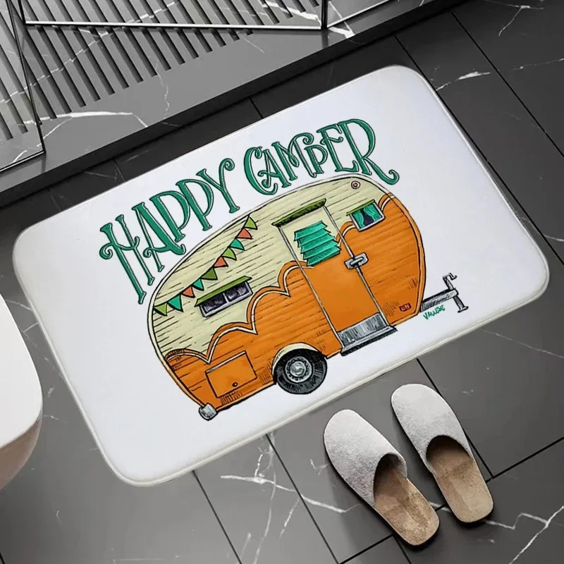 Happy Camper Retro Wohnmobil-Fußmatte, niedlicher Vintage-Orange-Camper-Van, rutschfester Eingangsteppich, lustiger Camping-Themen-Dekor-Bodenteppich
