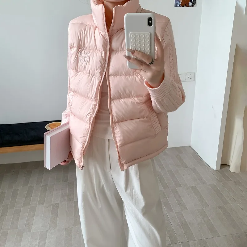 Stand Collar Knit Spliced Letter Puffer Jacket Women Color Contrast Loose Boxy Silhouette Casual Student Winter Outerwear