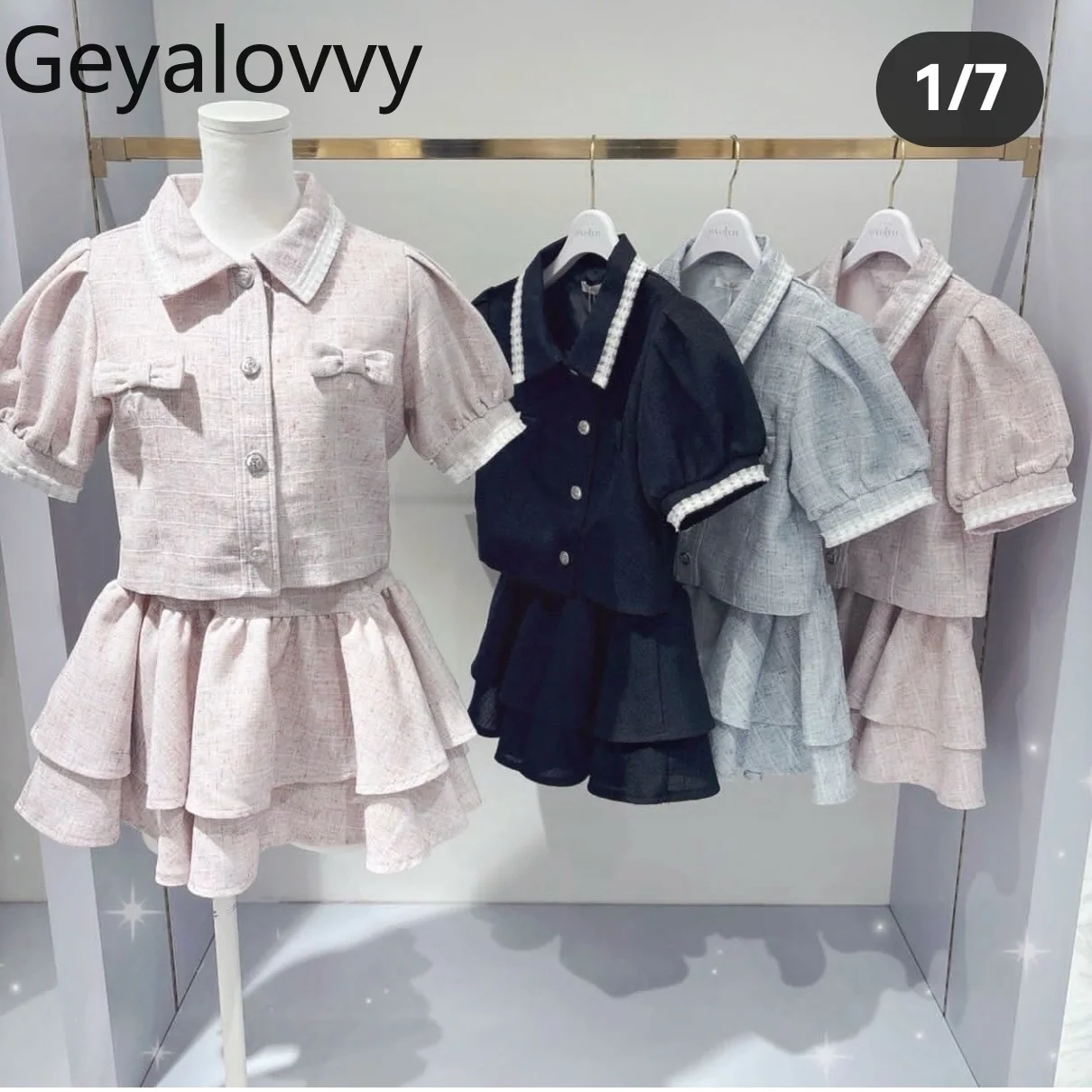 

Japanese Sweet Temperament Lapel Bubble Short-sleeve Top Pleated Skirt Summer New Bow Tweed Coat Short Skirt 2-piece Set Women