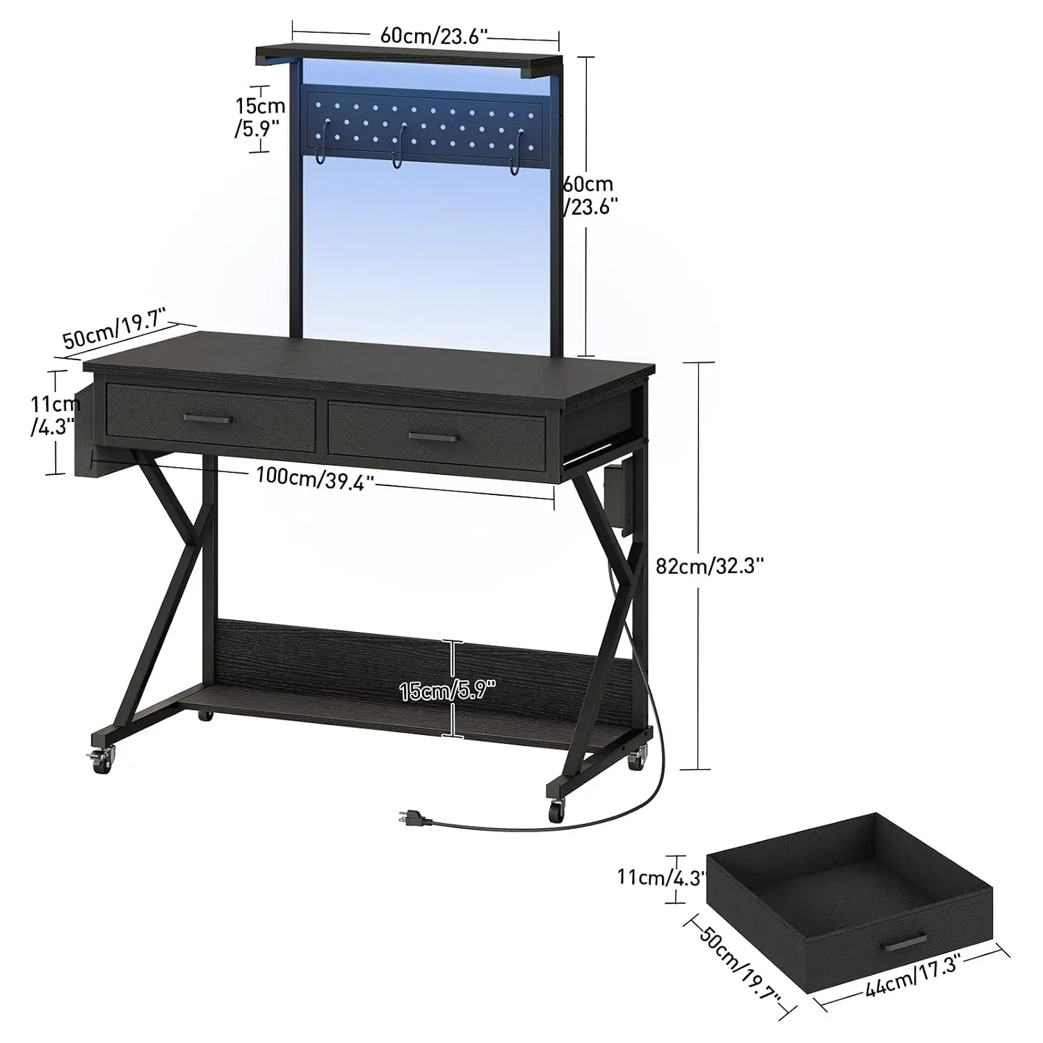 Rolling Computer Desk with Wheels & Charging Station, 39.4