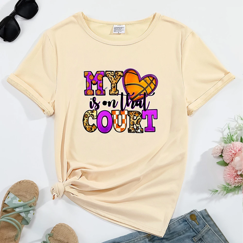 Women's T-shirt My Heart Is On That Court Pattern Print Round Neck Comfortable Breathable Casual Streetwear Female Top Tees