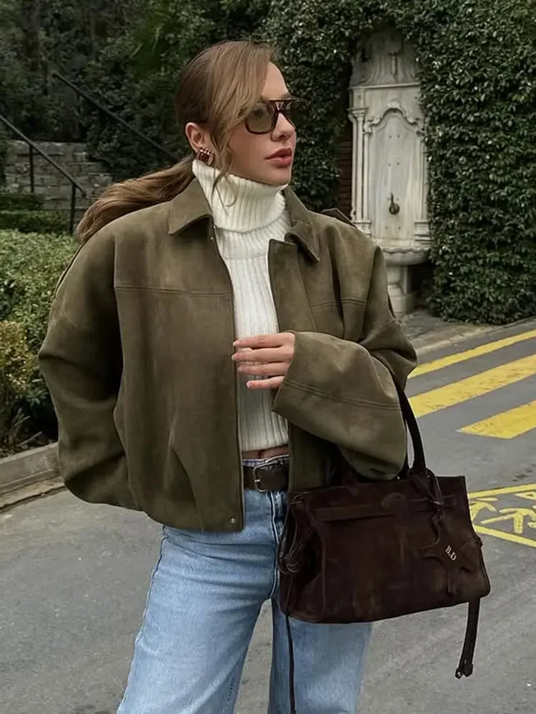 

Women Brown Green Suede Jacket Loose Casual Bomber Coat Lapel Zipper Long Sleeve Jackets Vintage Lady Motorcycle Outwears