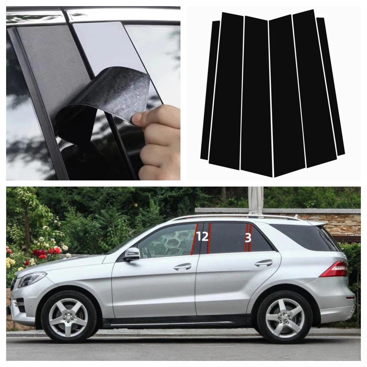 

Для Mercedes-Benz ML320 450 W163 164 1998-2015 6 шт. накладки на окна, центральная пленка, колонка B C, стойки, наклейка, аксессуары