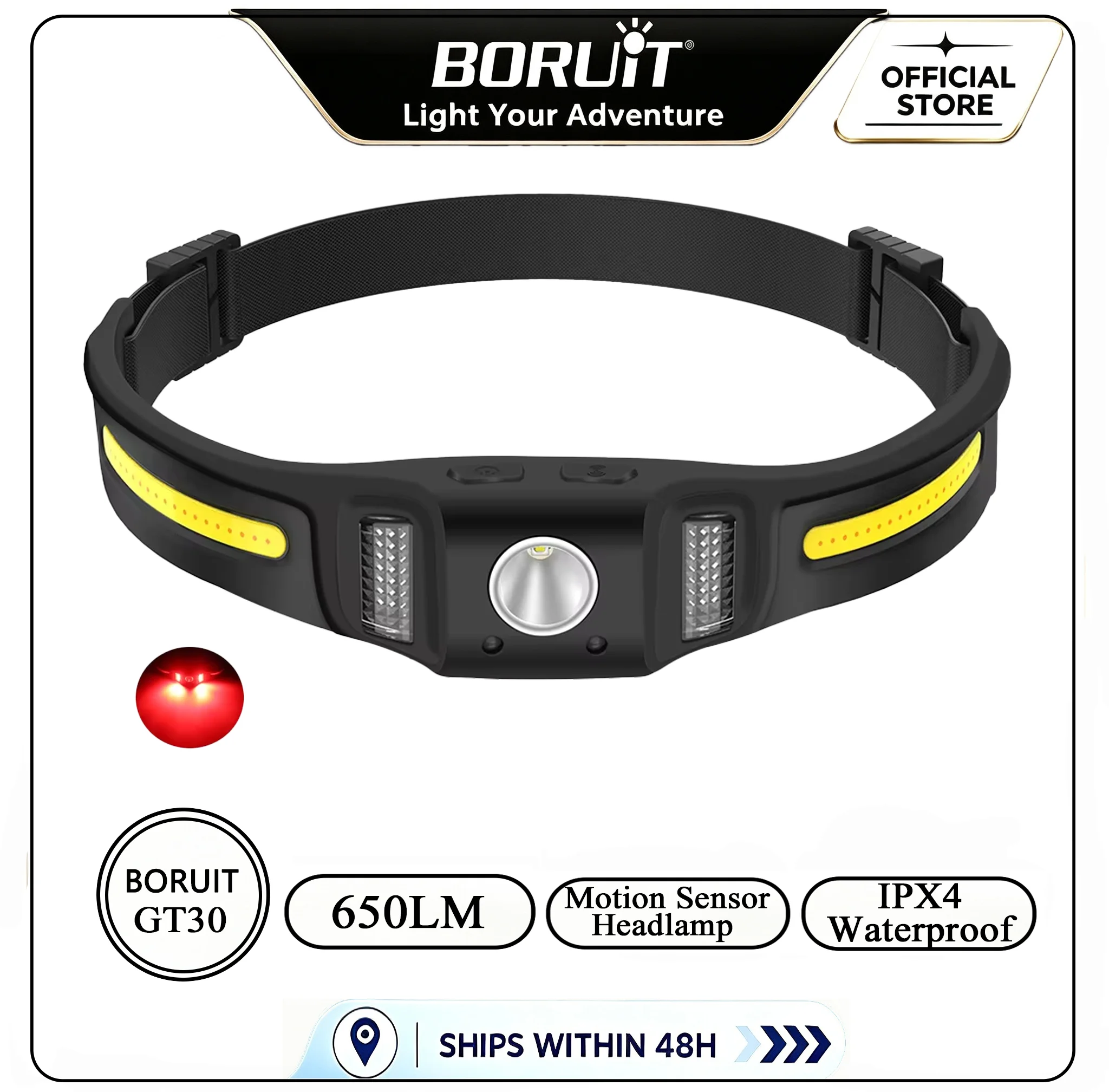 BORUiT GT30 650LM Motion Sensor LED Headlamp Type-C Rechargeable 1000mAh Work Light Headlight Waterproof Camping Head Torch