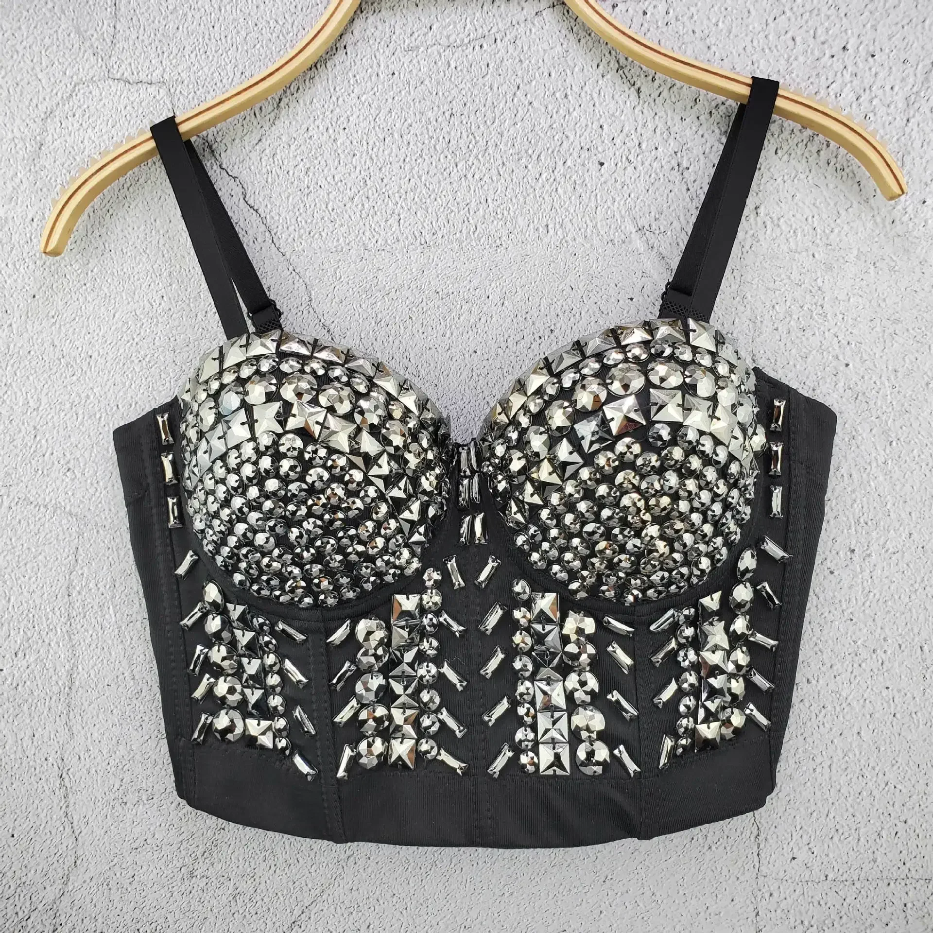 Mesh Top Rhinestone Bead Bustier Corset Pearls Diamond Push Up Night Club Bralette Women's New Fashion Bra Cropped Top Plus Size