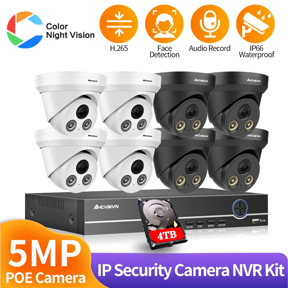 5MP CCTV Outdoor Color Night Vision IP Cameras POE H.265+ 8CH NVR Kit Audio Record Video Surveillance Security Camera System HDD