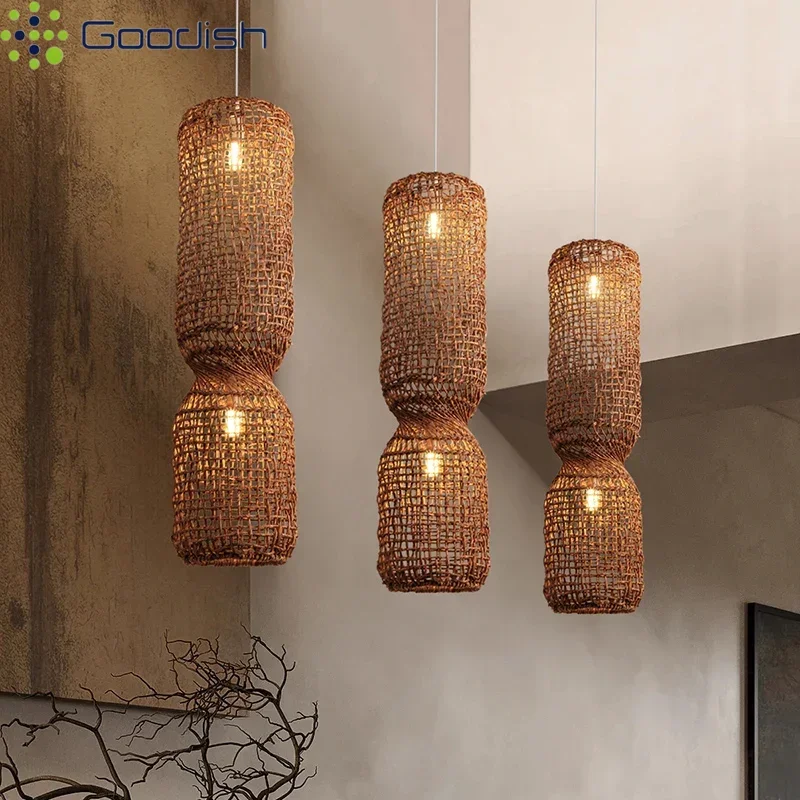 

Vintage Rural Bamboo Weaving Pendant Lights Wicker Wabi-sabi Duplex Lamp for Dining Room Hall Bedside Home Decoration Chandelier