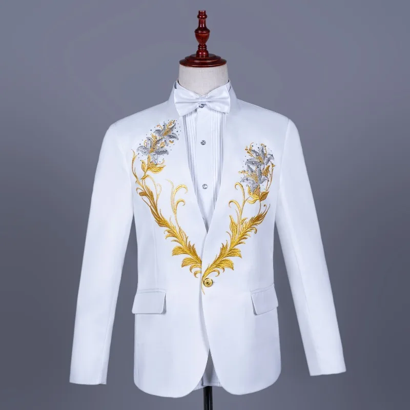 Terno masculino colarinho bordado brocas quentes vestido grande coro trajes cantor compere comando uniformes terno traje para o show
