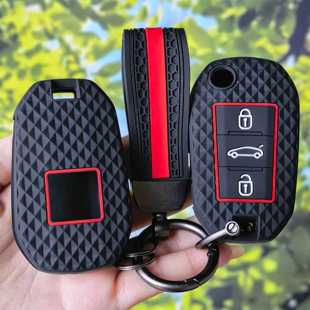 Anti‑Slip Diamond Grain Silicone Remote Key Case With Keychain For Peugeot 208 2008 308 3008 508 408 4008 Citroen C3 C4 C5 C6 C8