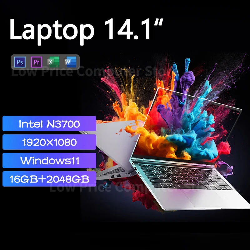 

NEW 14.1 inch Laptop Intel N3700 16GB RAM+1024GB ROM Narrow Bezel Screen PC Windows 11 Office Entertainment Lightweight Laptop