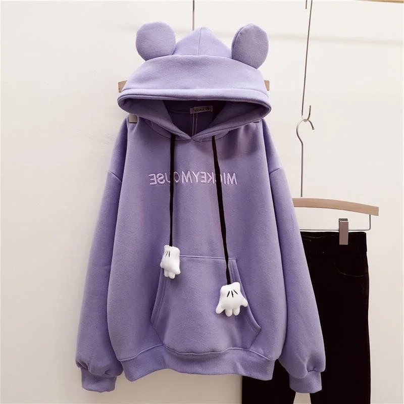 Cartoon Urso Orelhas Moletom Feminino, Hoodies Kawaii, pulôver casual coreano, Hoodie Harajuku solto de grandes dimensões