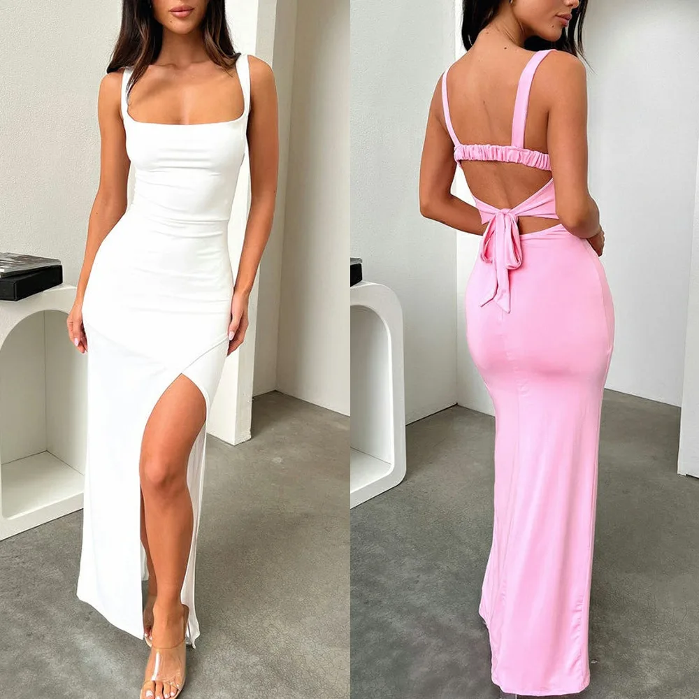 Sexy Dresses for Women 2024 Summer New Fashion Slim Fit Elegant Sleeveless Split Backless Spaghetti Strap Bodycon Maxi Dress