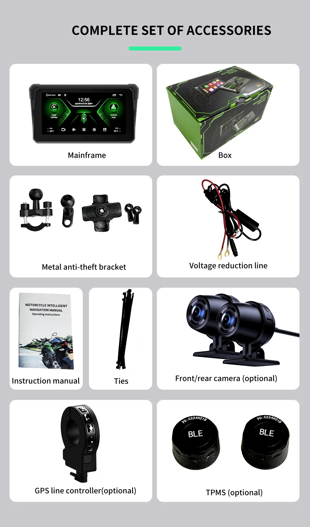 Carplay اللاسلكي للدراجات النارية 6 بوصة تعمل باللمس مقاوم للماء أندرويد السيارات مع نظام تحديد المواقع TMPS كاميرات الإصدار الليلي المضادة للاهتزاز فيديو