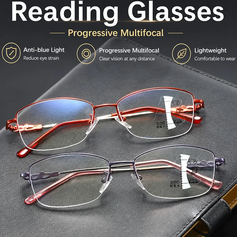 Memory-Metall-Halbrahmen-Progressive-Multifokal-Lesebrille für Damen und Herren, Anti-Blaulicht-Business-Brille für ältere Menschen