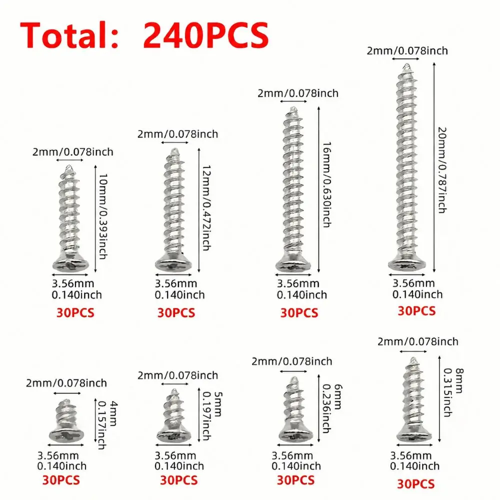 240-Piece Self-Tapping Wood Screw Set Box 8 Sizes M2 Flat Metal Screws Classification Kit for Home Improvement image 4
