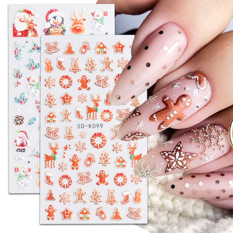 5D Embossed Christmas Nail Sticker Cartoon Gingerbread Santa Holly Snowflake Elk Bird Xmas Winter Slider Nail Decorations BE5D-K