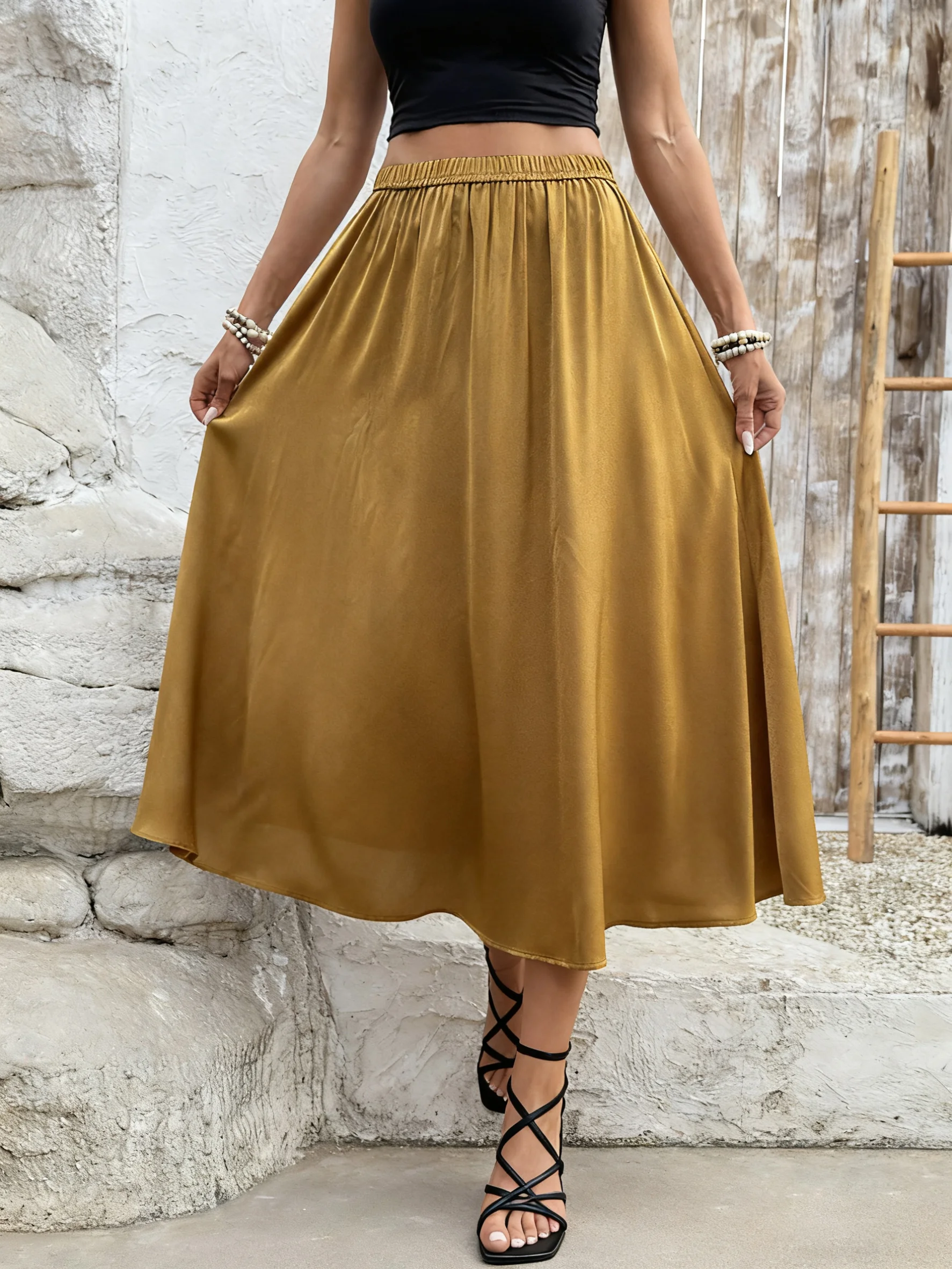 

Женская миди-юбка А-силуэта горчично-желтого цвета, элегантная однотонная струящаяся юбка с эластичным поясом, идеально подходит для повседневных выходов.