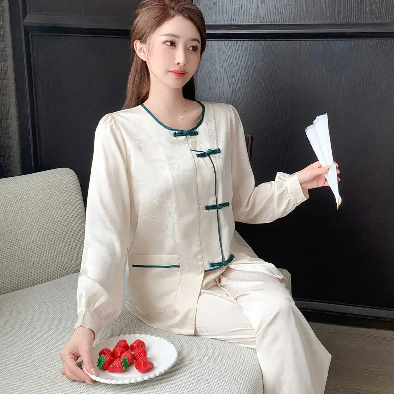 

Милый жаккардовый атласный пижамный комплект для женщин с длинными рукавами, новые китайские предметы интерьера, роскошные пижамы в китайском стиле на пуговицах, верхняя одежда