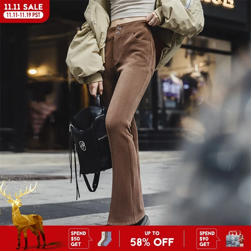 Maden donna autunno inverno americano Vintage Split elastico Micro Flare pantaloni in velluto a coste gamba dritta pantaloni gamba larga