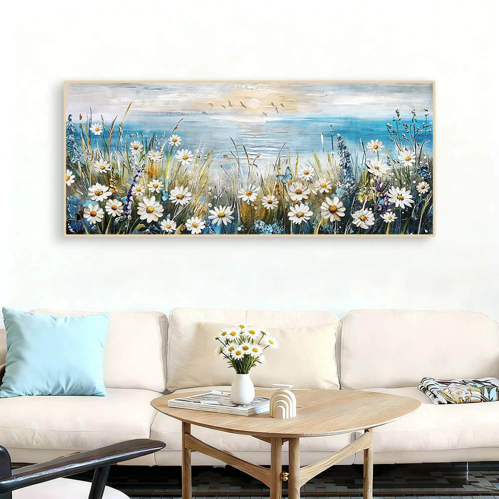 1pc Large Frameless Abstract Seaside Canvas Art-White Flower Blossoms Wall Decor
