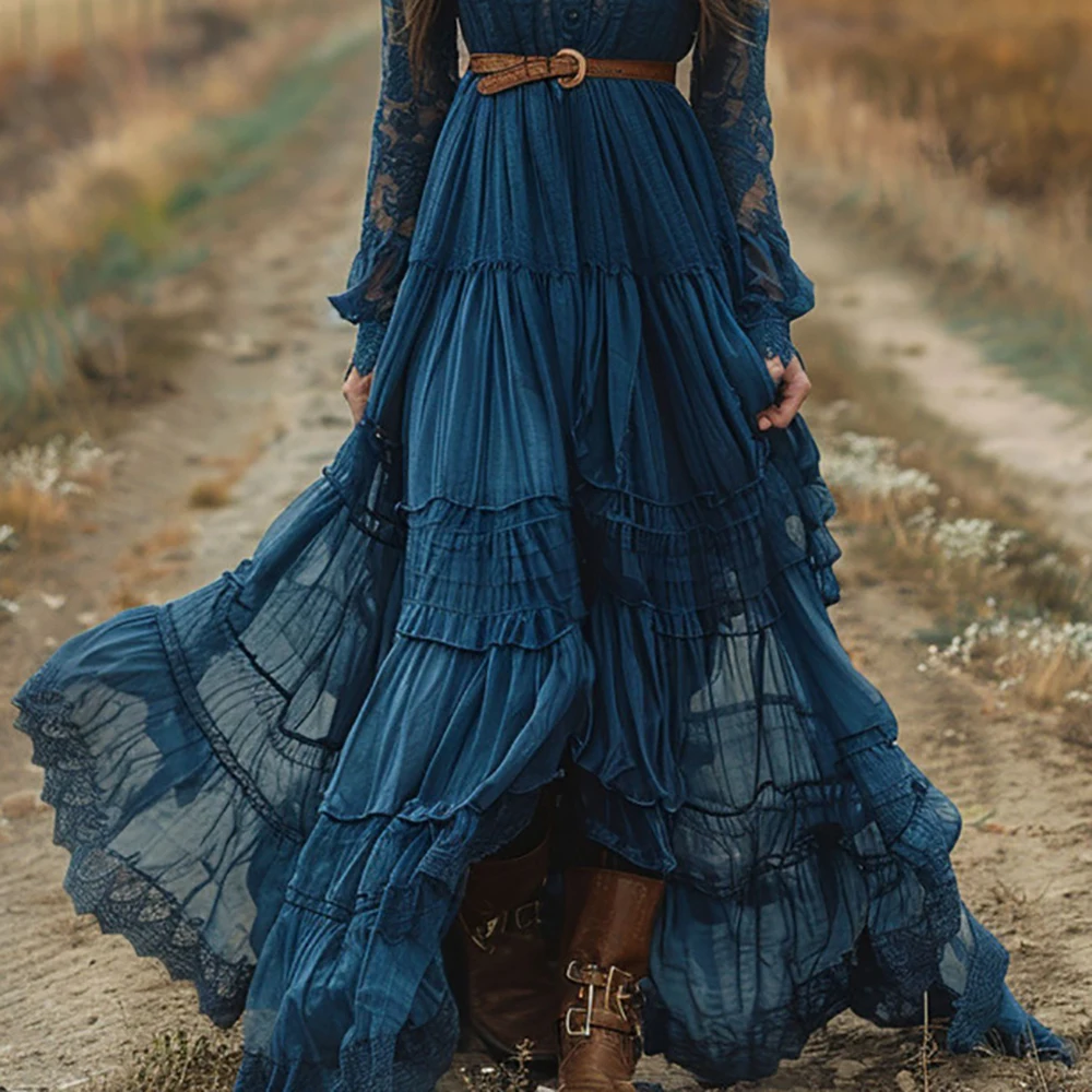 Bohemia azul transparente renda manga longa maxi vestido feminino gola alta gravata frontal plissado em camadas vestido longo flowy vestidos vintage