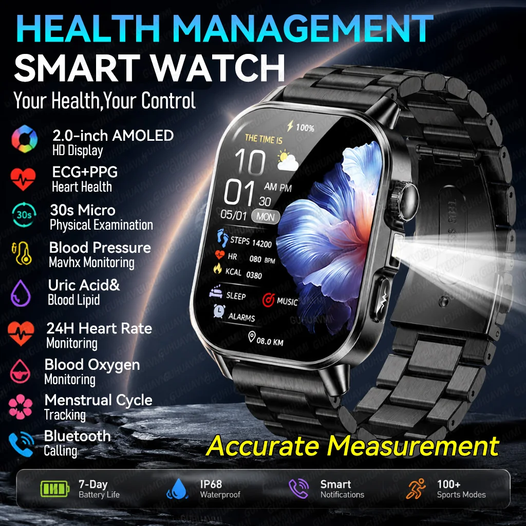 Reloj Inteligente 2026 con Monitoreo de Salud ECG+PPG para Hombre, Frecuencia Cardíaca 24H, Ácido Úrico, Lípidos, Presión Arterial, Seguimiento Deportivo, Pulseras de Salud