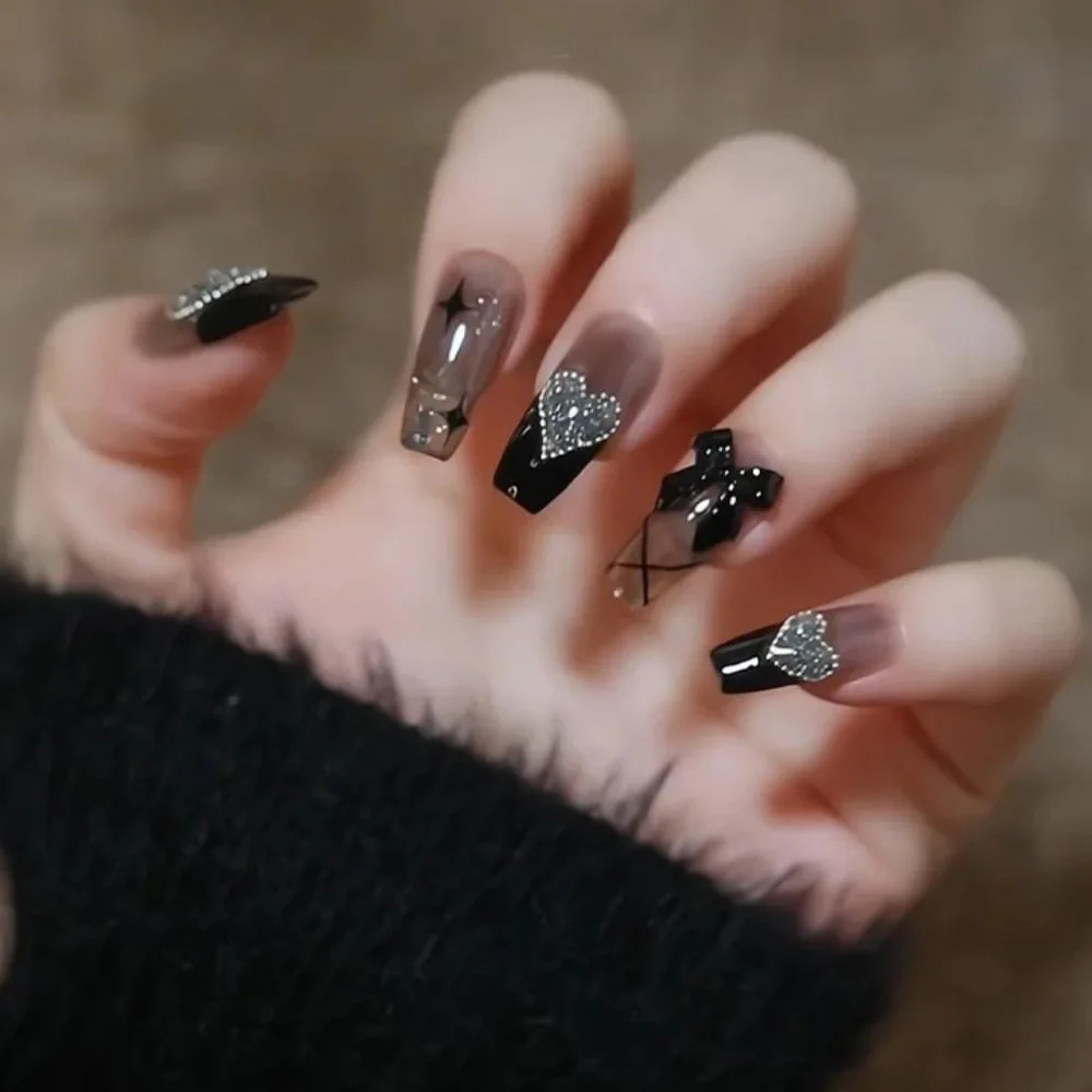 

24Pcs Mid-length Ballet False Nails Black 3D Bow Star Press on Fake Nails Shiny Powder Love Heart Reusable Full Cover Nails Tips