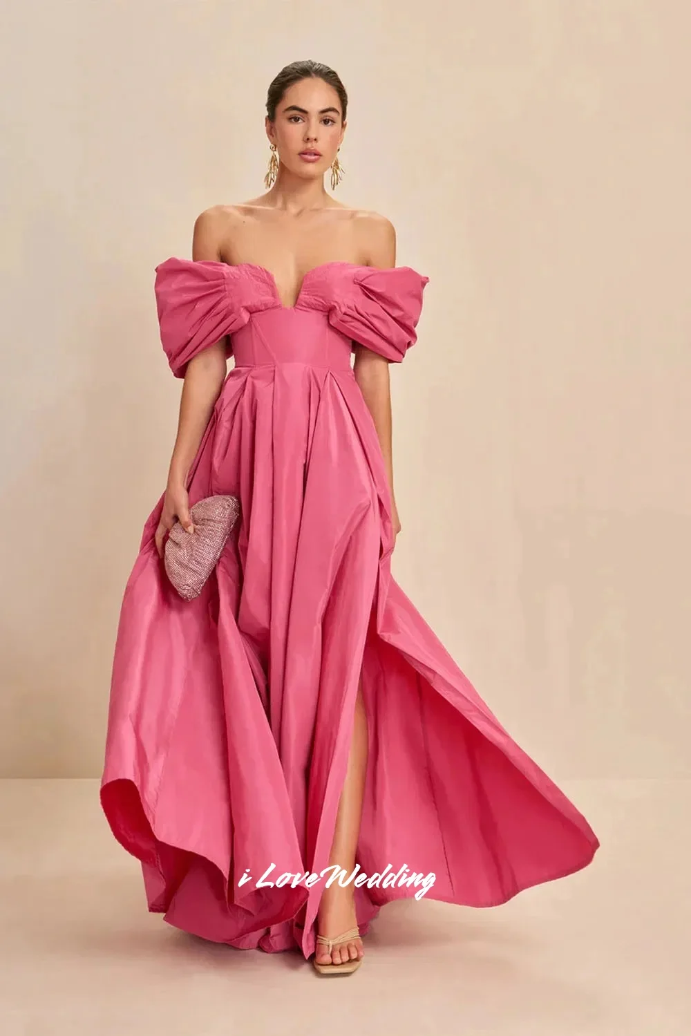 

Pink V-Neck Evening Dresses 2025 Off Shoulder Backless A-Line Side Split Pleated Floor-Length Prom Dress Party Dresses Customize