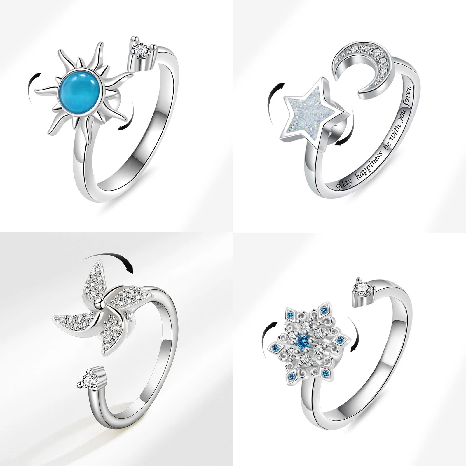 925 Silver Open Spinning Finger Ring Stress Relief Calming Sun Moon Wind Snow For Women Girl Jewelry Gift Dropship Wholesale