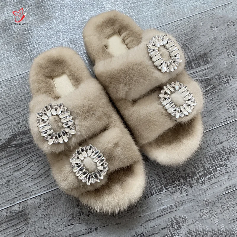 2024 Women\'s Fur Slippers Female100% Real Mink Fur Slippers European Station Ladies Flat Heel Women Shoes Fashion Luxury Slipper