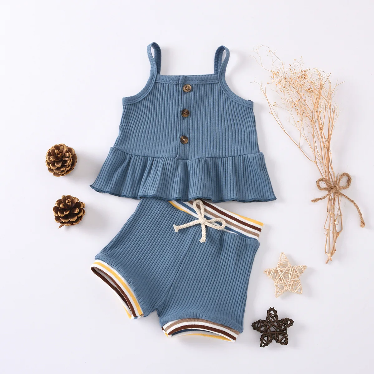 Summer female infant pit strip solid color suspender skirt and blue shorts fashion suit