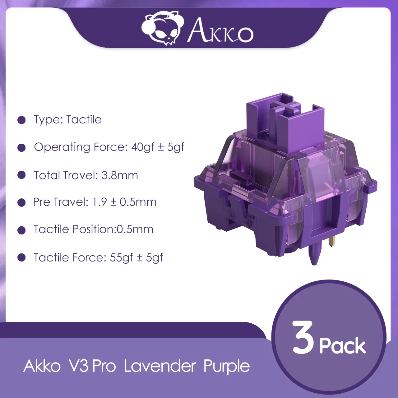 Akko V3 Pro lavendelpaarse schakelaars 5-pins 40gf tactiele schakelaar compatibel met MX mechanisch toetsenbord in de fabriek gesmeerd (45 stuks)
