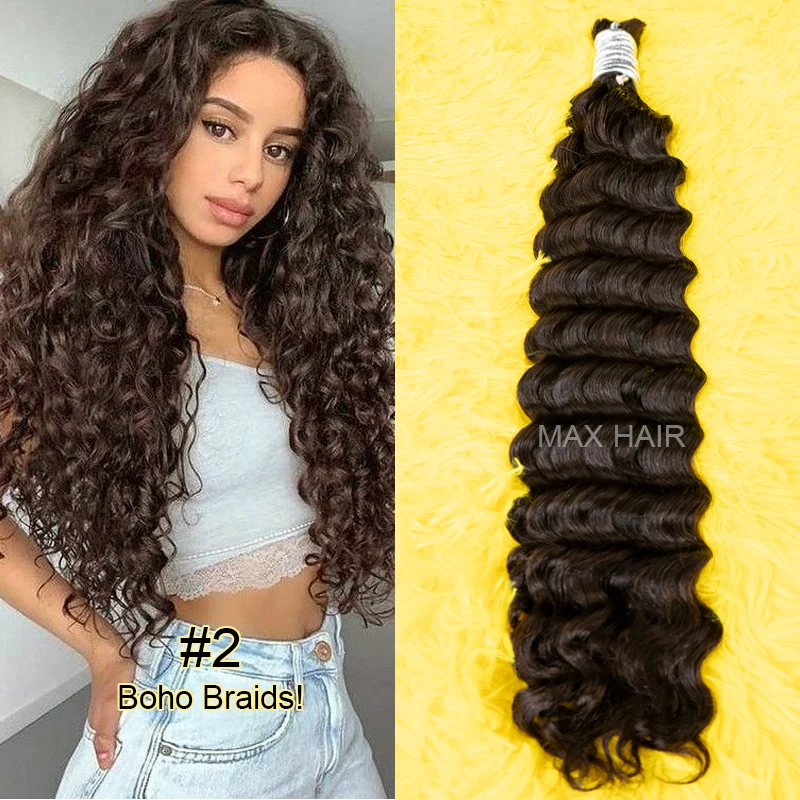 Shinehair 18-30 Inch Bulk Human Hair For Braiding Extensiones Color 1/2/4/7/8/9 Double Drawn Deep Wave Bulk Human Hair Bundles