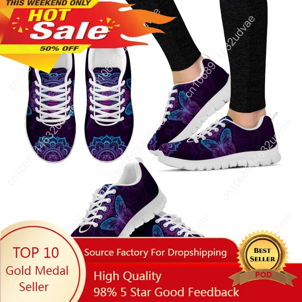 

Purple Bohemian Mandala Flower Design Lightweight Outdoor Shoes Butterfly Pattern Comfortable Platform Sneakers