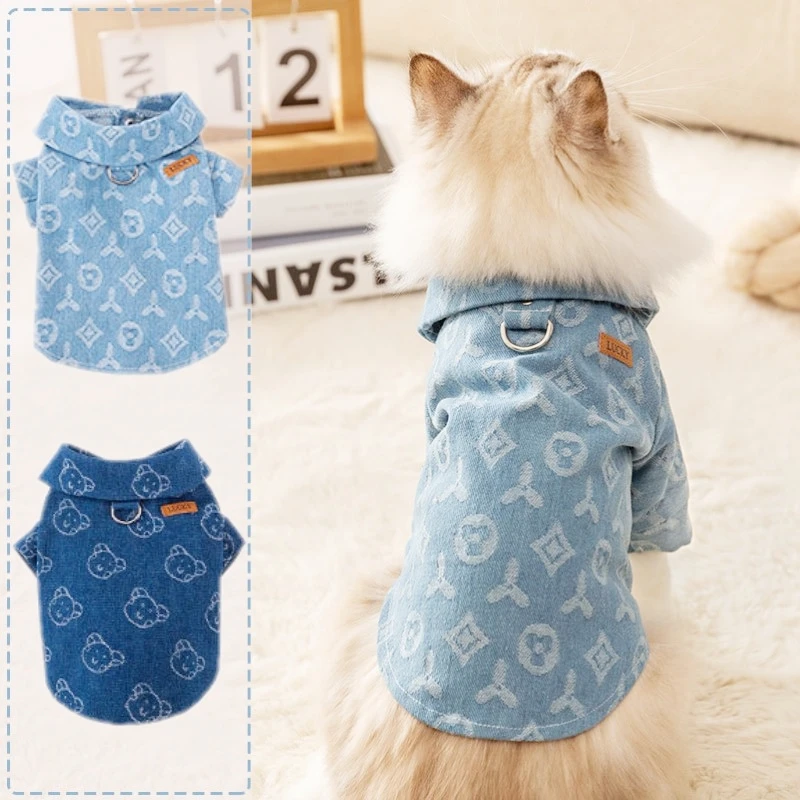 Pet Dog Jeans Jacket Fashion Denim Dog Clothes Soft Warm Puppy Harness Coat Cute Print Cat Shirt Pet Costume Chihuahua Clothes