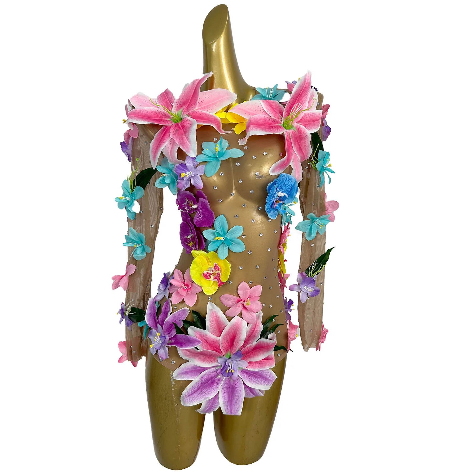 Huaduo Sexy Perspective Jumpsuit Colorful 3D Flower Rhinestone Tight Shorts Bar Dancer Performance Outfit Themed Party Dress