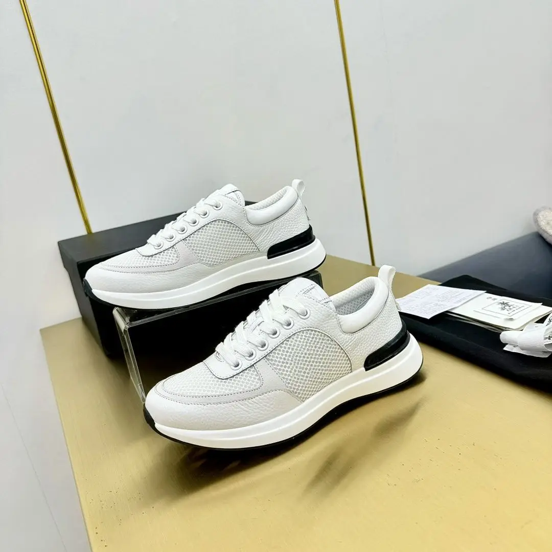 Men Women White Black Mesh Splicing Thick Sole Running Shoes Breathable Mesh Grained PU Low Top Shoes Minimalist Couple Lace-up Commute Jogging Sneakers