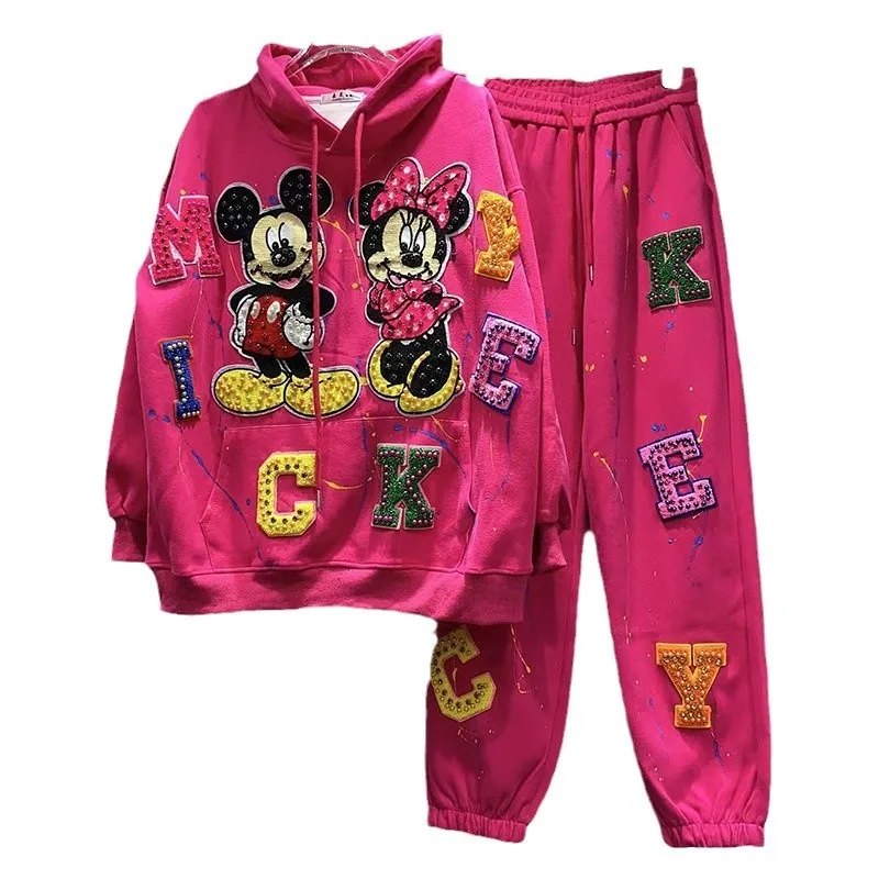 Trendy Brand Cartoon felpa con cappuccio tempestata di diamanti pantaloni sportivi in due pezzi completi da donna autunno tuta sportiva per il tempo