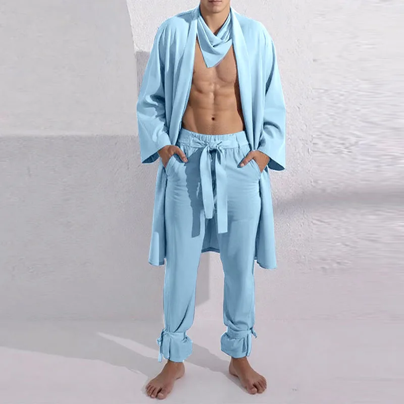 INCERUN Men Sets Solid Color See Through Long Sleeve Open Stitch Shirt Cardigan & Pants 2PCS Loose Streetwear Fashion Men Suits